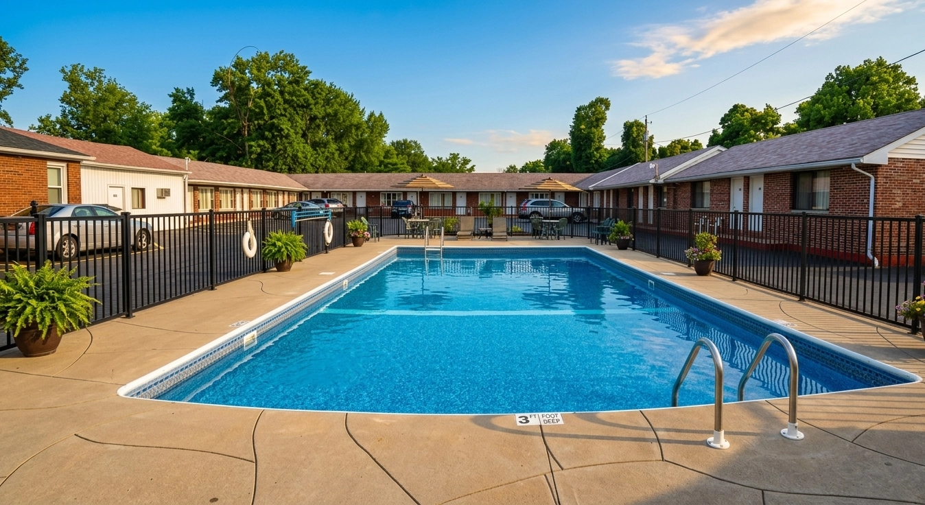 Moonlite Motel outdoor swimming pool with classic American motel rooms in Niagara Falls